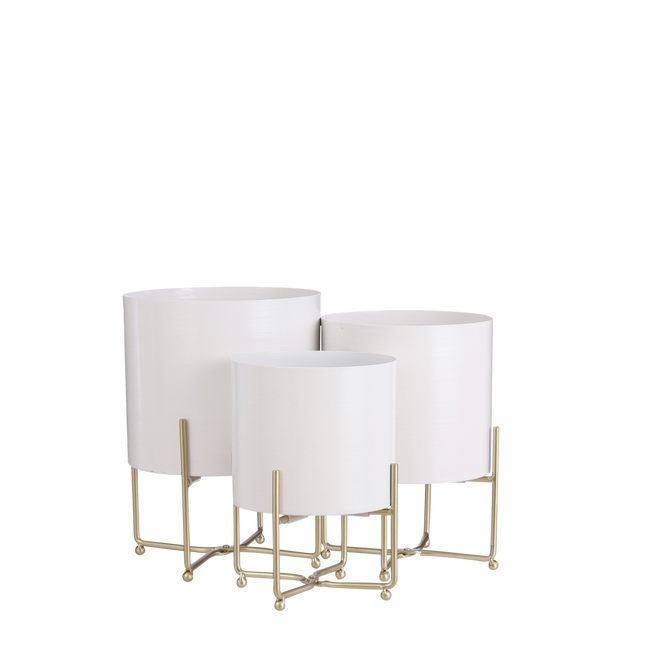 Celestial Trio Aries – witte metalen planters op gouden standaards