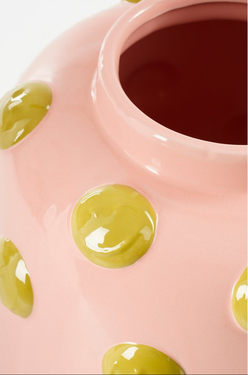 Smiley Vaas – limited edition keramiek in roze met okergele details