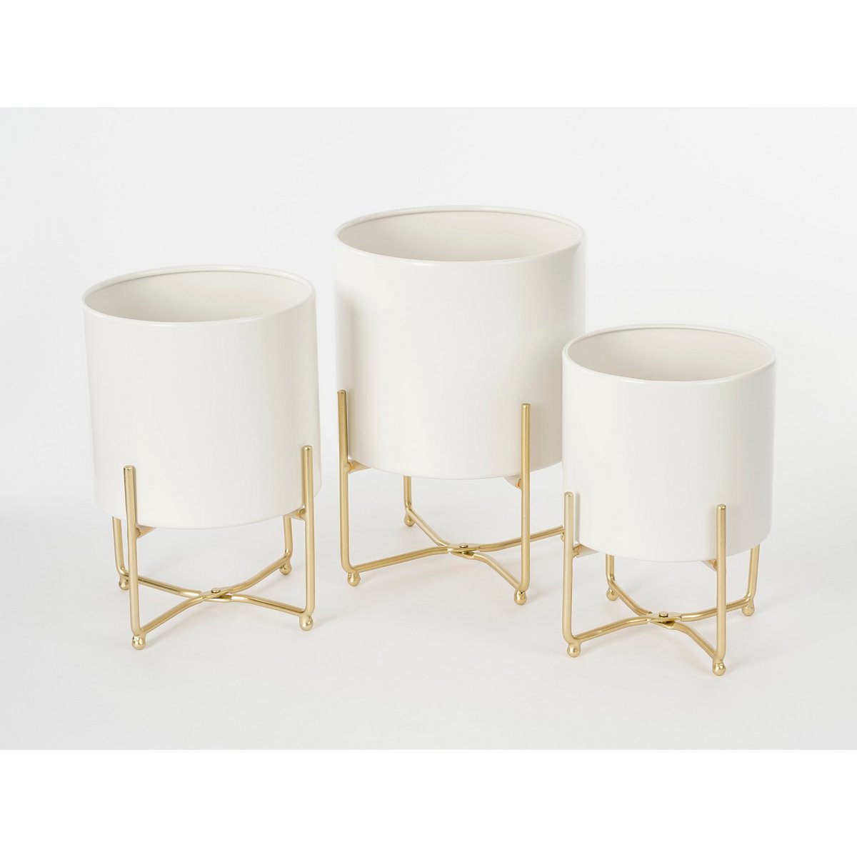 Celestial Trio Aries – witte metalen planters op gouden standaards