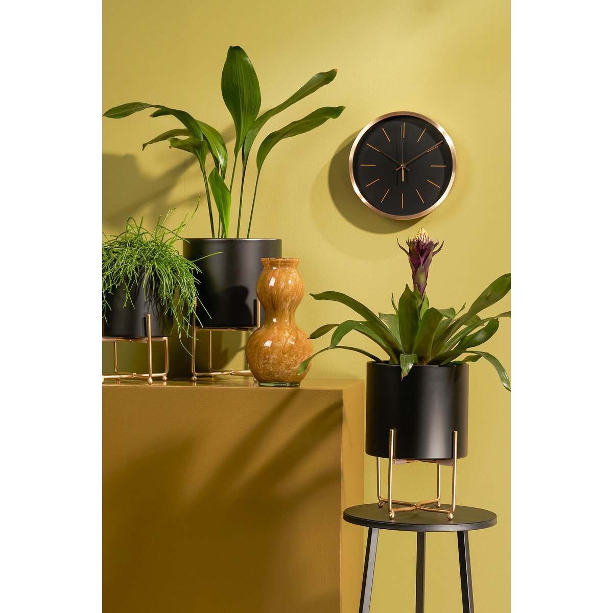 Lunar Noir Aries – zwarte metalen planters op gouden standaards