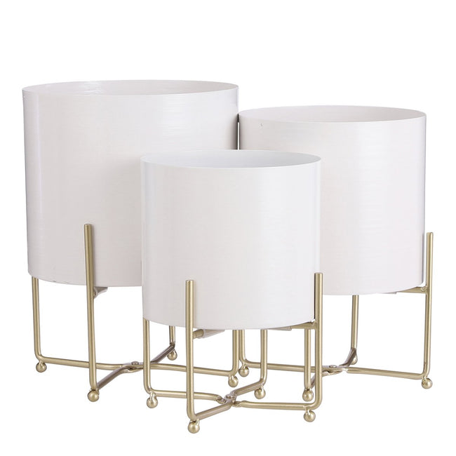 Celestial Trio Aries – witte metalen planters op gouden standaards