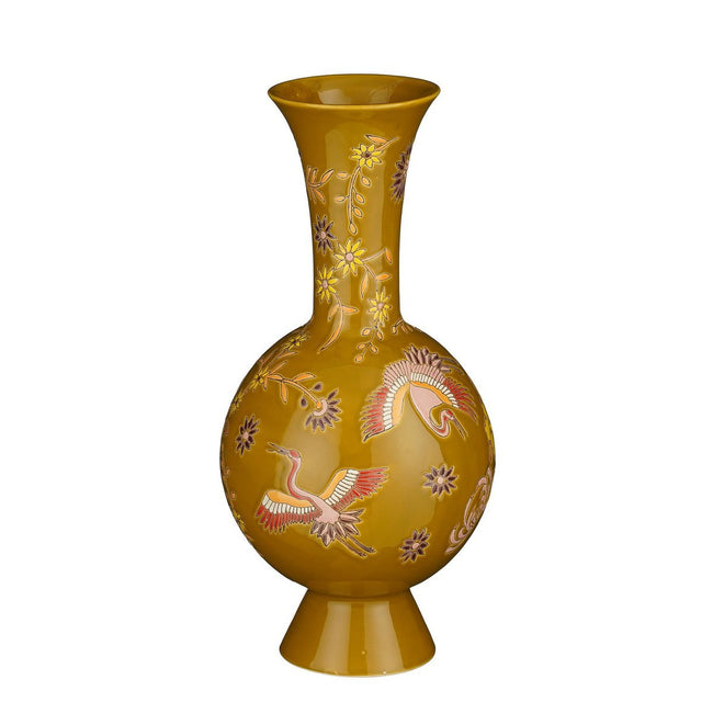 Eloise Vaas – limited edition keramiek met bloemen- en vogelmotief in okergeel