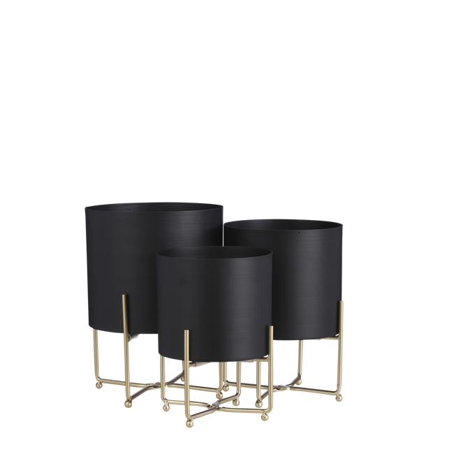 Lunar Noir Aries – zwarte metalen planters op gouden standaards